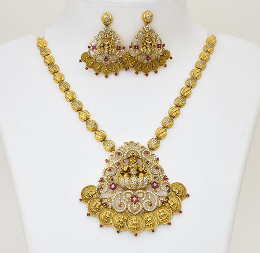 Antique White Magenta CZ Lakshmy Peandant With Chain & Dangler - X051170