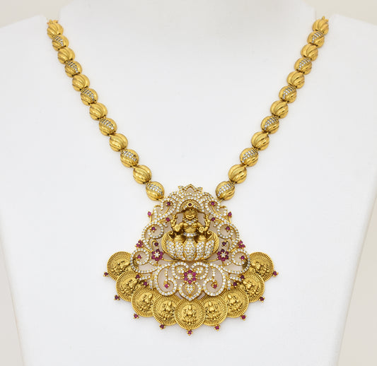 Antique White Magenta CZ Lakshmy Peandant With Chain & Dangler - X051170
