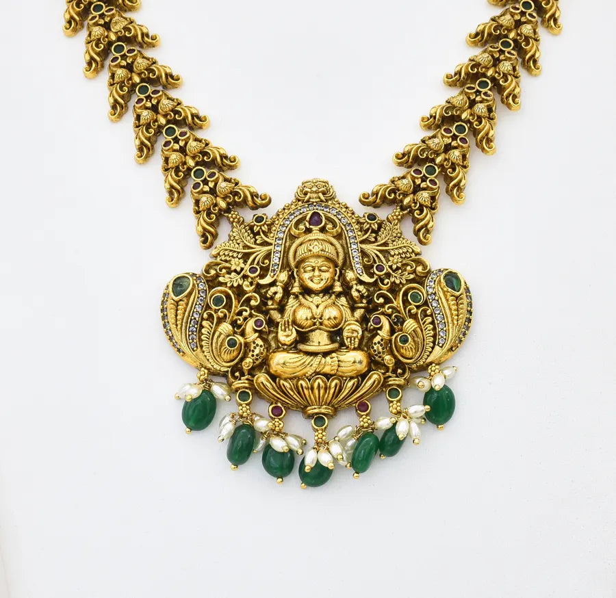 Antique White Green Goddess Laxmi Necklace With Dangler - X051177
