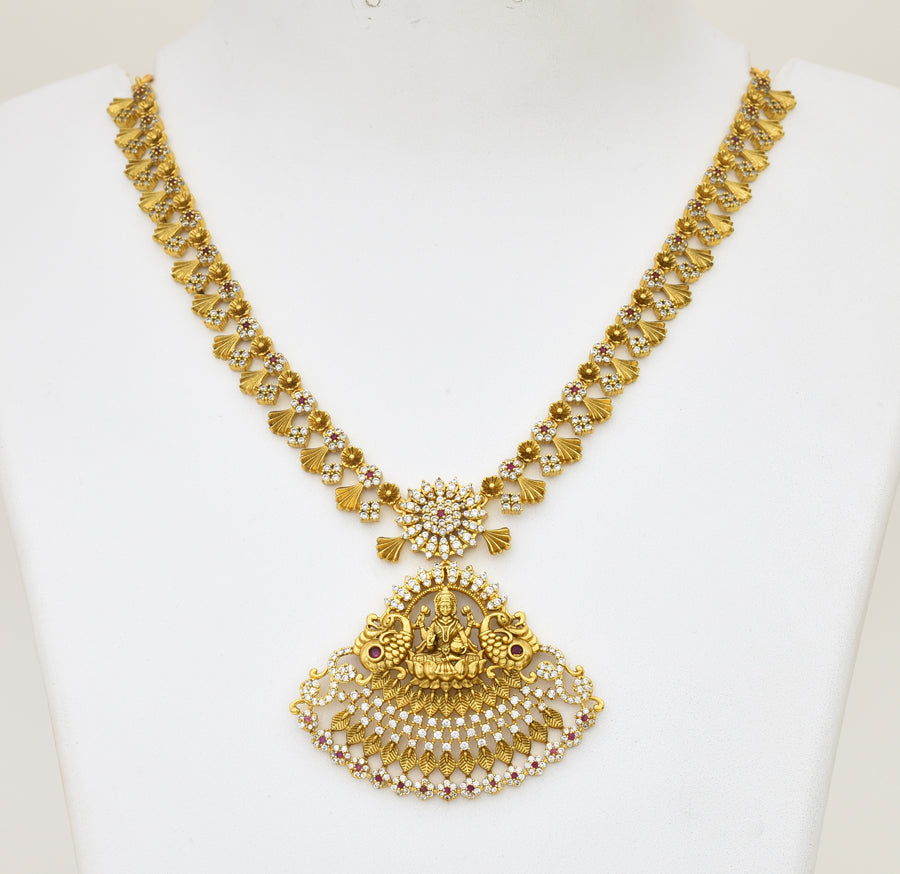 Antique White Magenta CZ Lakshmy Peacock Necklace With Dangler - X051168
