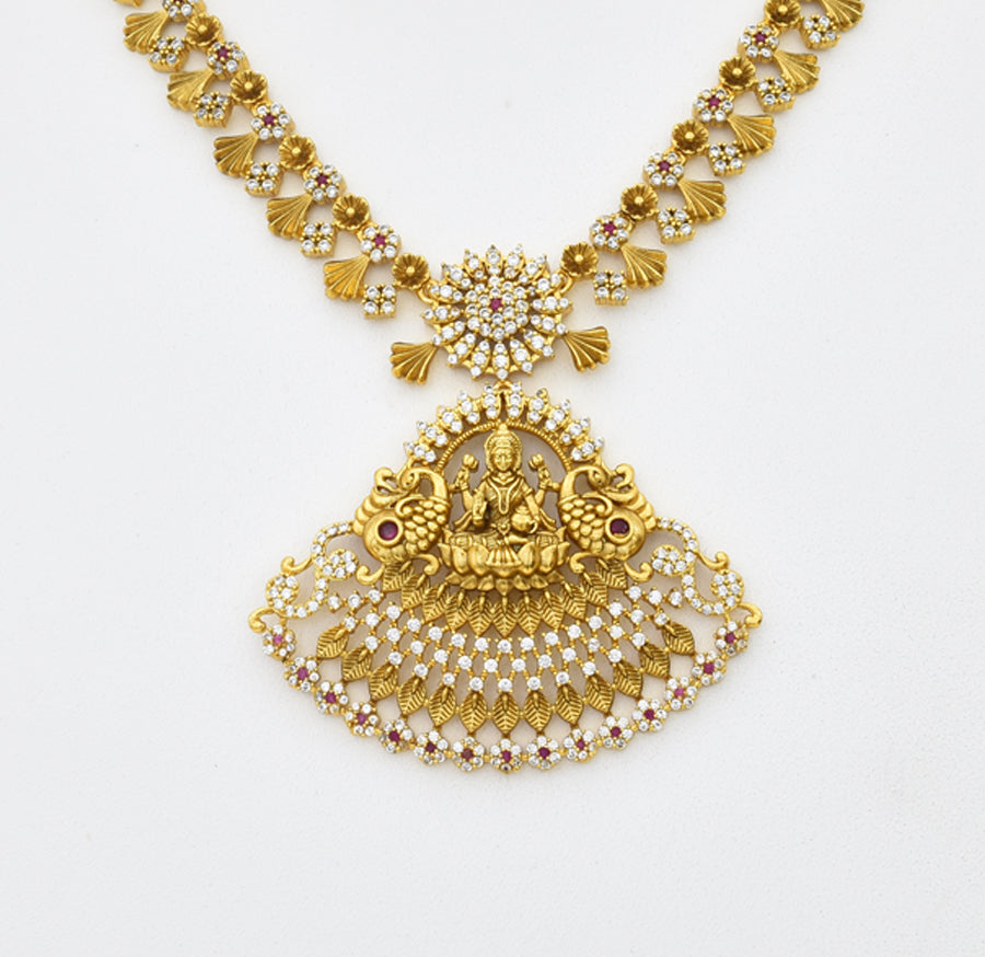 Antique White Magenta CZ Lakshmy Peacock Necklace With Dangler - X051168