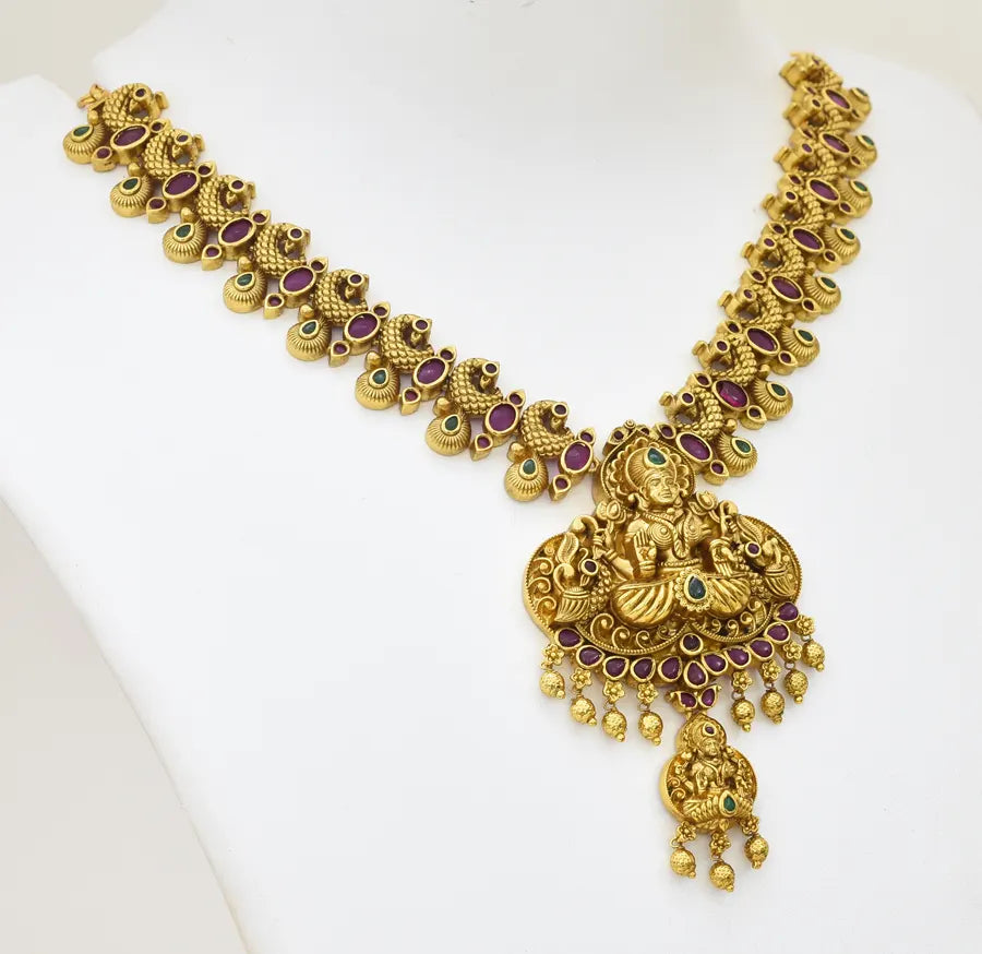 Antique Magenta Green Laxmi Peafowl Necklace With Dangler - X051173