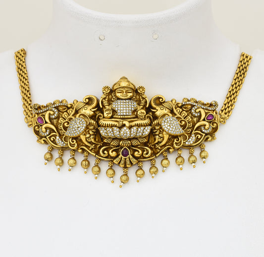Antique White Magenta Laxmi Elephant Choker Necklace With Dangler - X051172