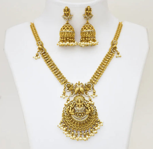 Antique White Round Lakshmy Necklace With Jhumka - X051175