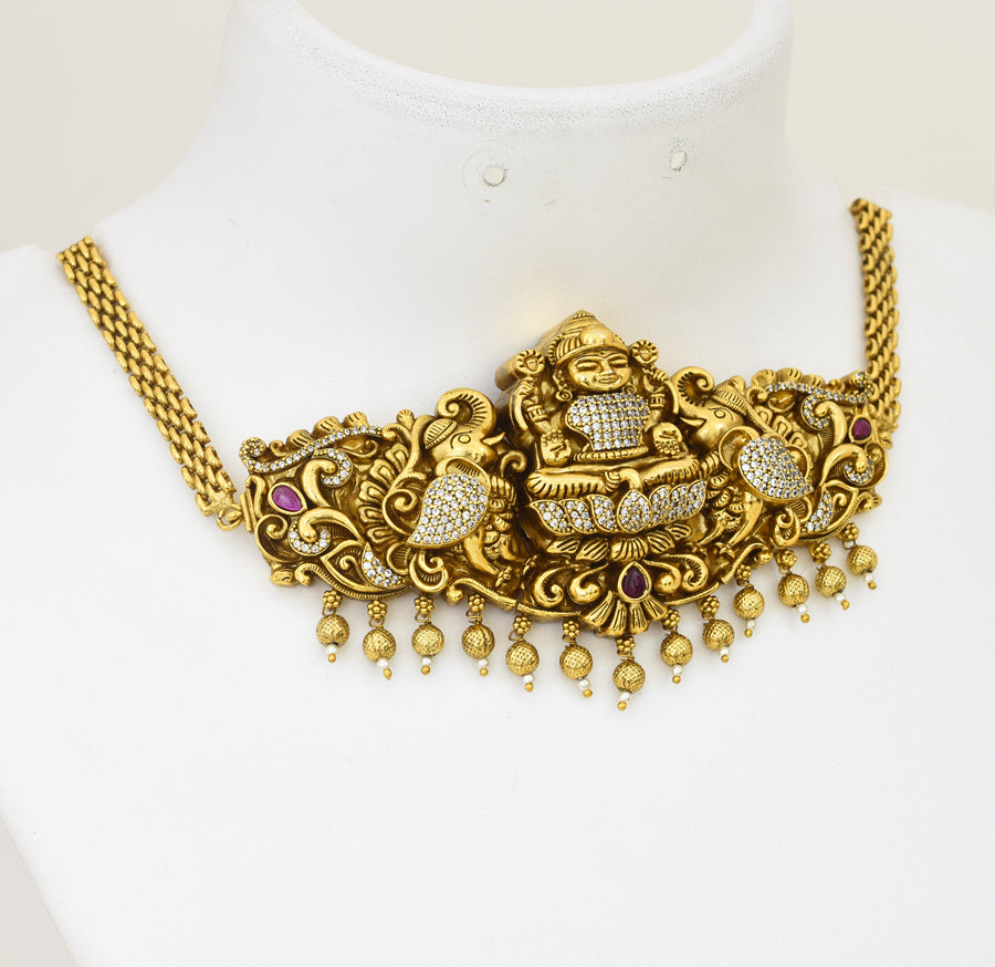 Antique White Magenta Laxmi Elephant Choker Necklace With Dangler - X051172