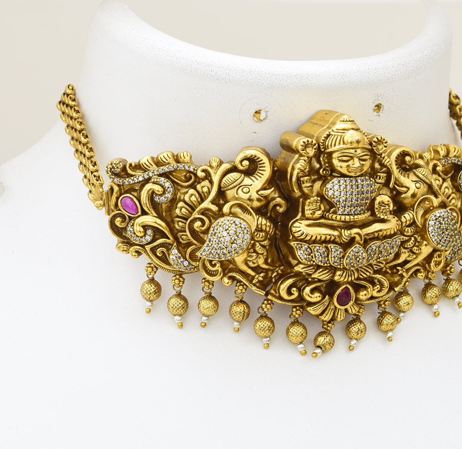 Antique White Magenta Laxmi Elephant Choker Necklace With Dangler - X051172