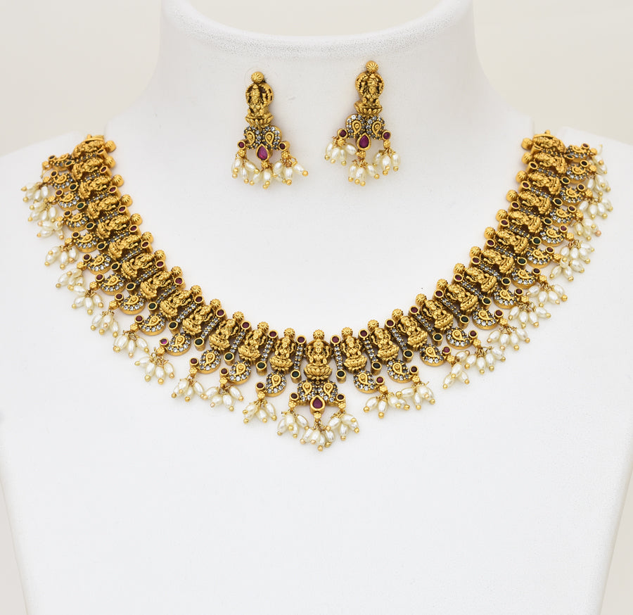Antique White Magenta Green Laxmi Necklace With Drops - X051164