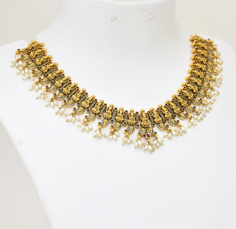 Antique White Magenta Green Laxmi Necklace With Drops - X051164