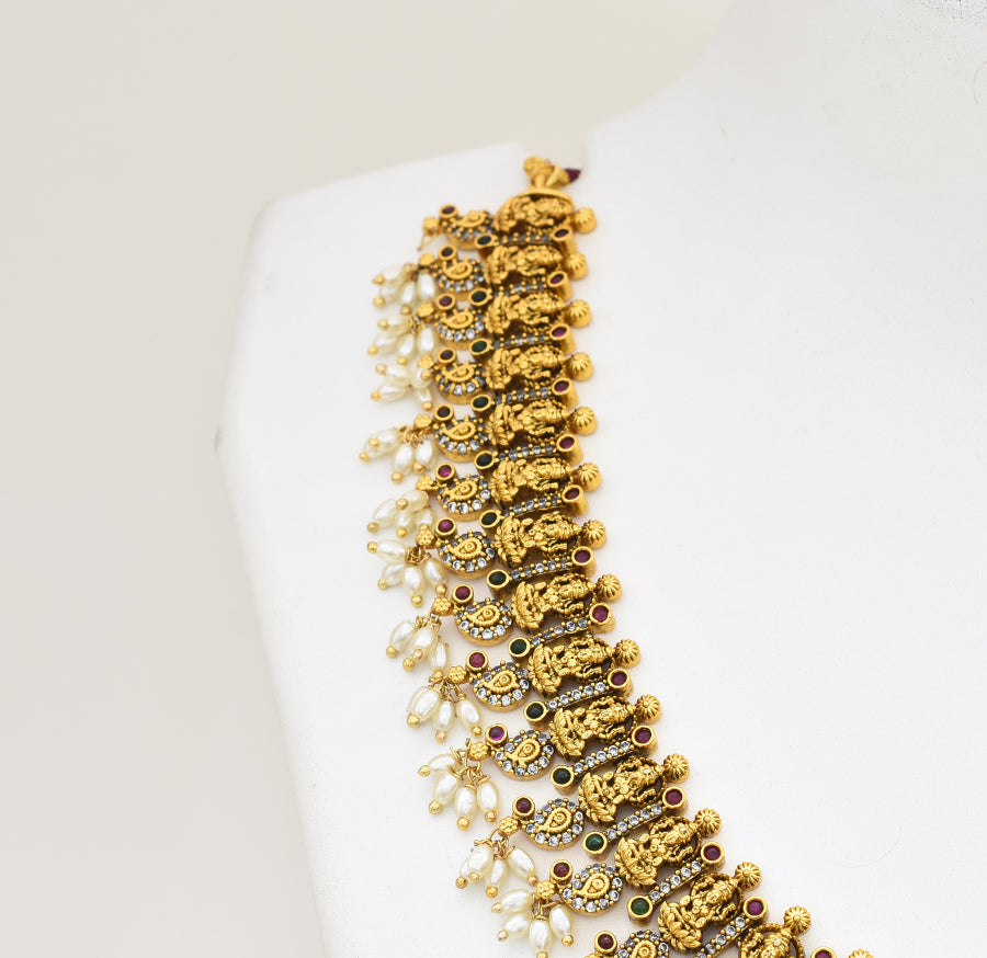Antique White Magenta Green Laxmi Necklace With Drops - X051164