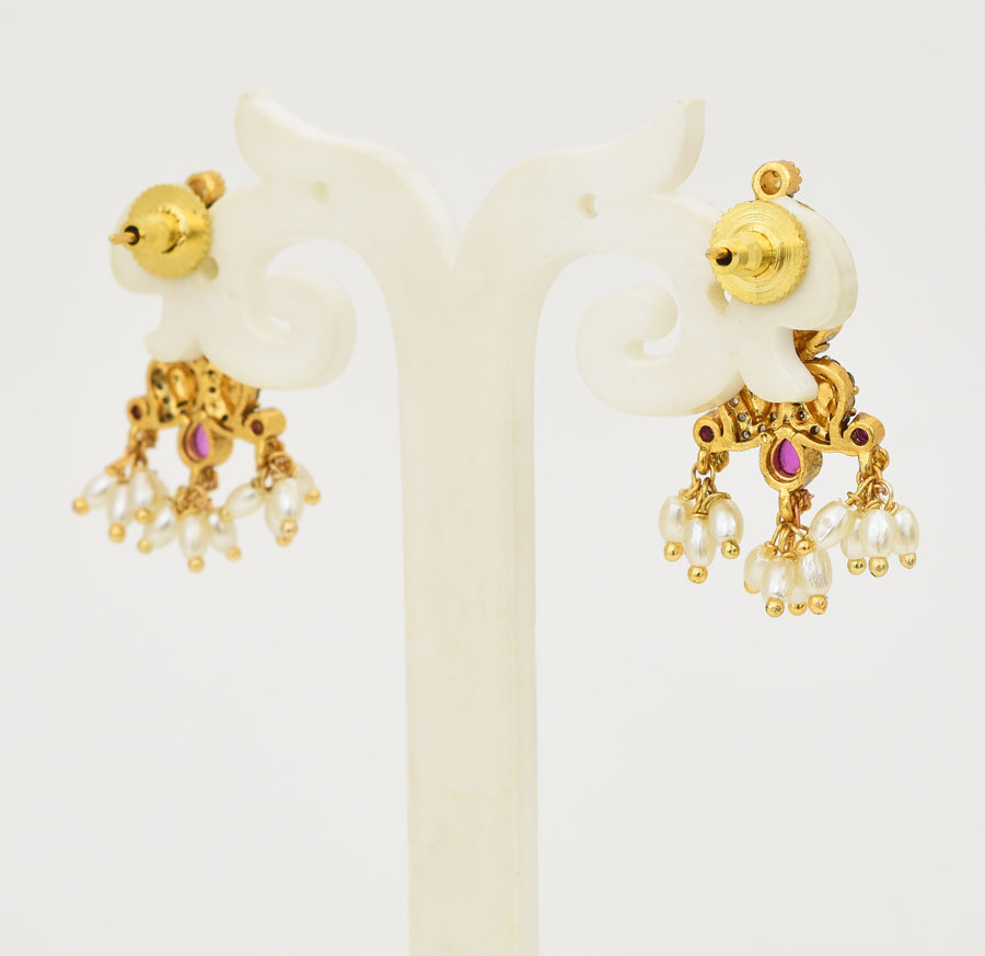 Antique White Magenta Green Laxmi Necklace With Drops - X051164