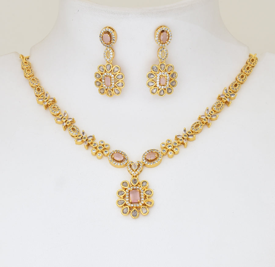 White Light Pink Blome Necklace with Dangler - Y021302