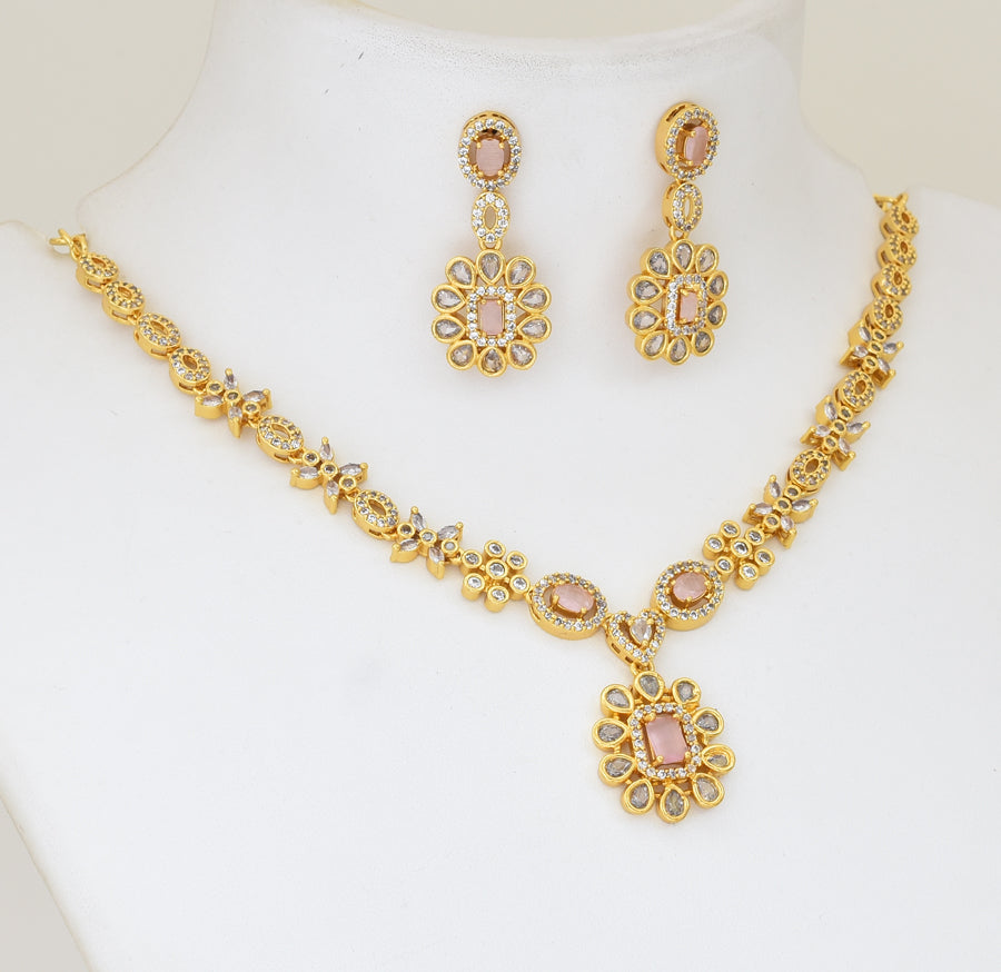 White Light Pink Blome Necklace with Dangler - Y021302