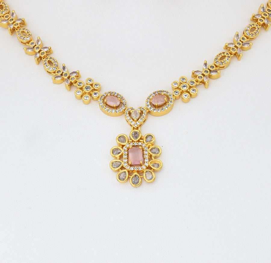 White Light Pink Blome Necklace with Dangler - Y021302