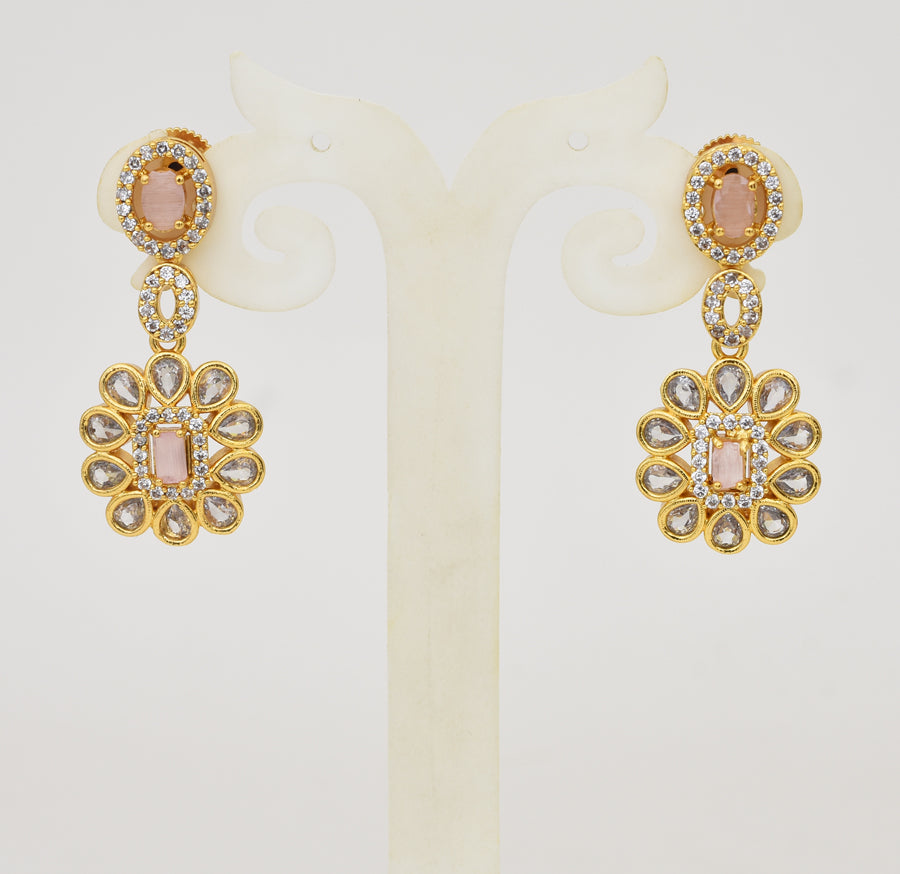 White Light Pink Blome Necklace with Dangler - Y021302