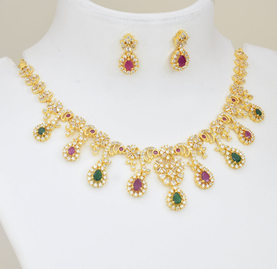 White Magenta Green Stellar Necklace with Dangler - Y081379