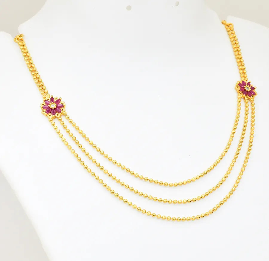 White Magenta Three Layer Flora Necklace - U12221