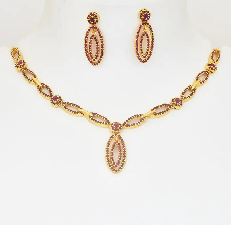 Magenta Opel CZ Short Necklace With Dangler - U0825