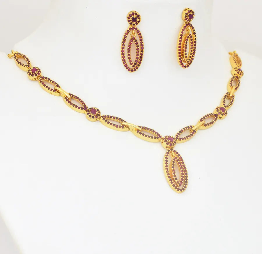 Magenta Opel CZ Short Necklace With Dangler - U0825