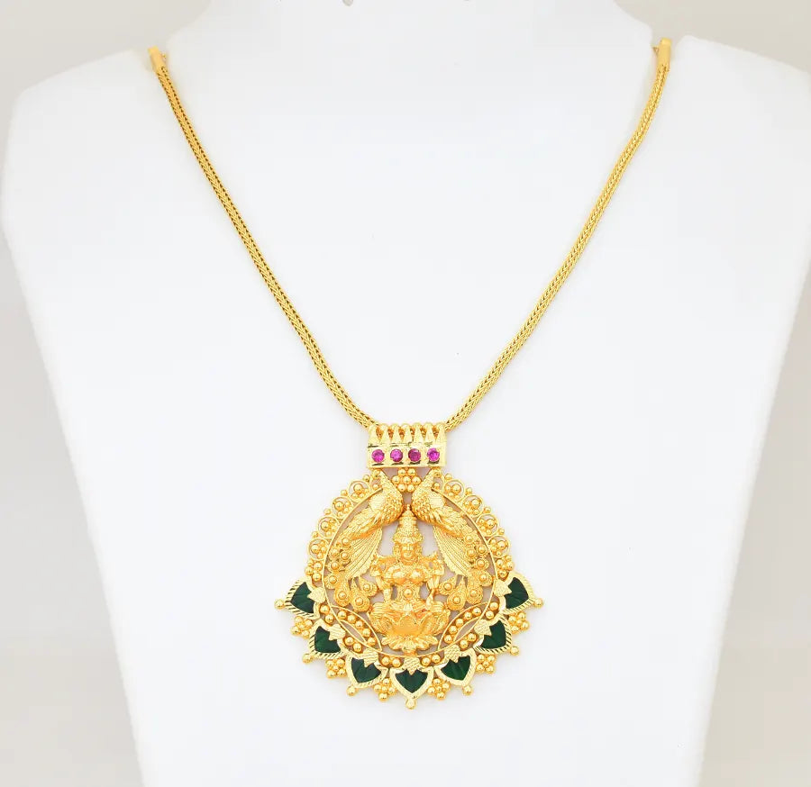 Green Palakka Laxmi Locket With Chain - V10658