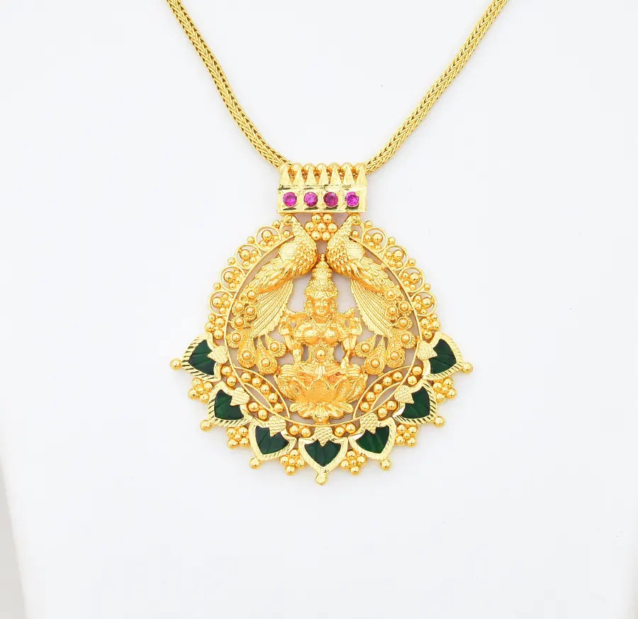 Green Palakka Laxmi Locket With Chain - V10658