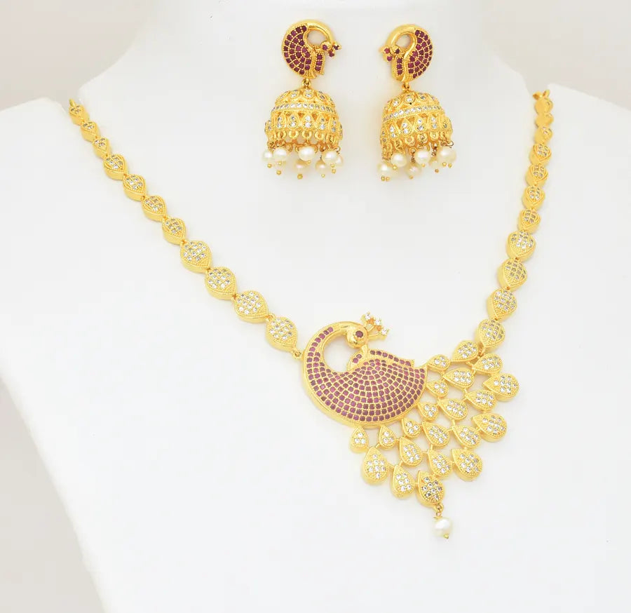 White Magenta Beautiful Peacock Necklace With Jhumka - U09117