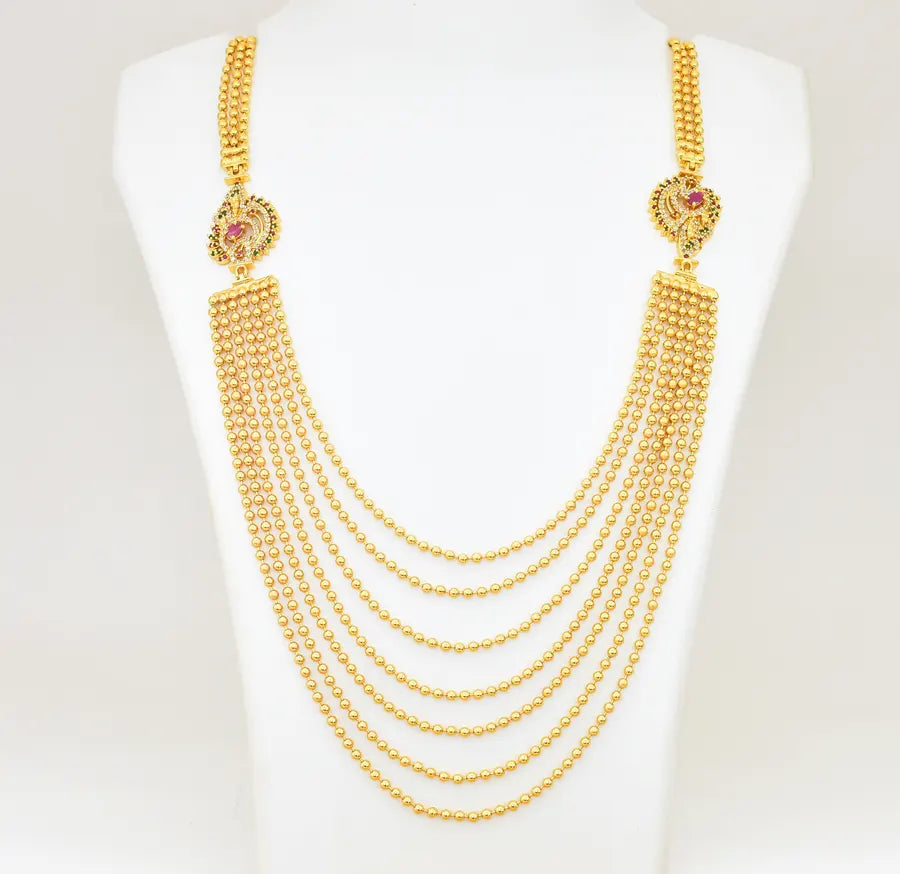 White Magenta Green 7 Layer Mayura Necklace - V02374