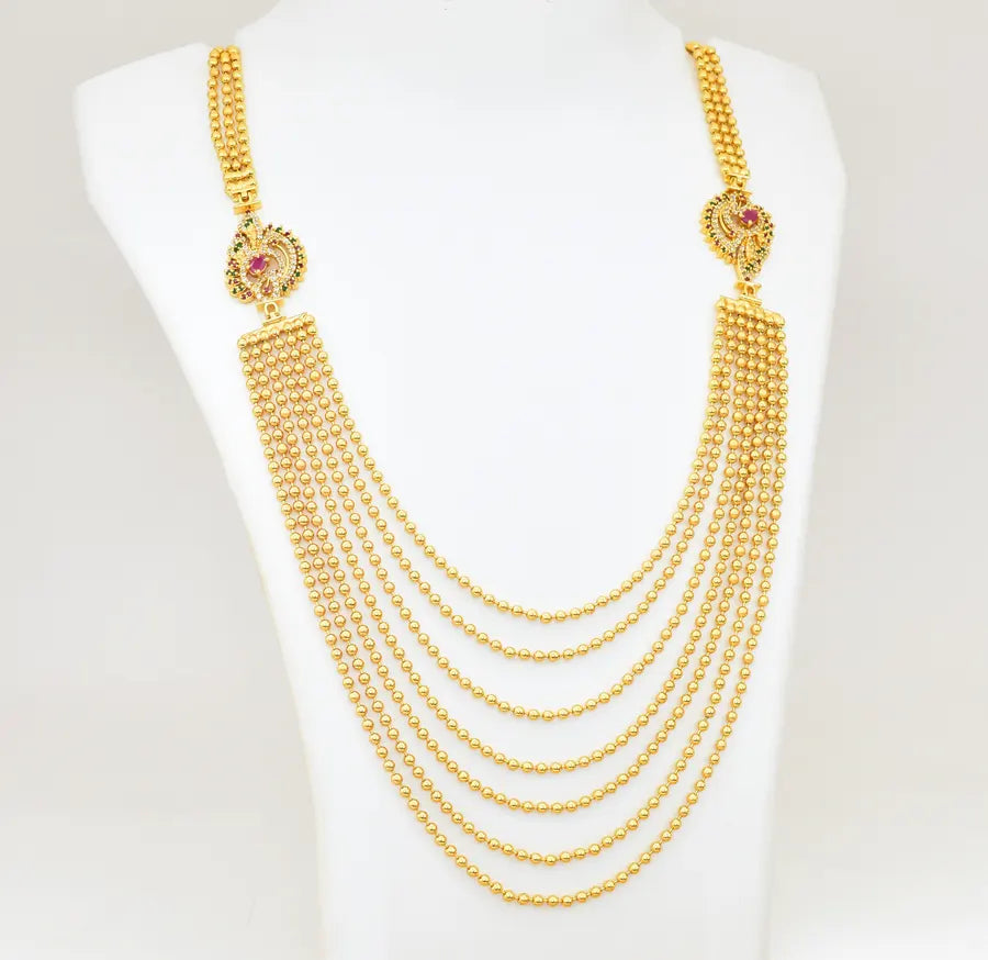 White Magenta Green 7 Layer Mayura Necklace - V02374